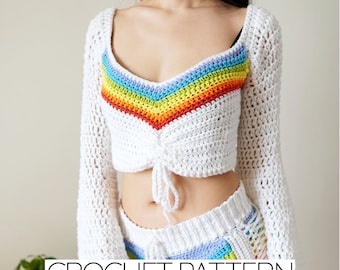 Crochet Pattern | Rainbow V-Neck Bell Sleeve Crop Top W. Front Tie Cinch | PDF Download