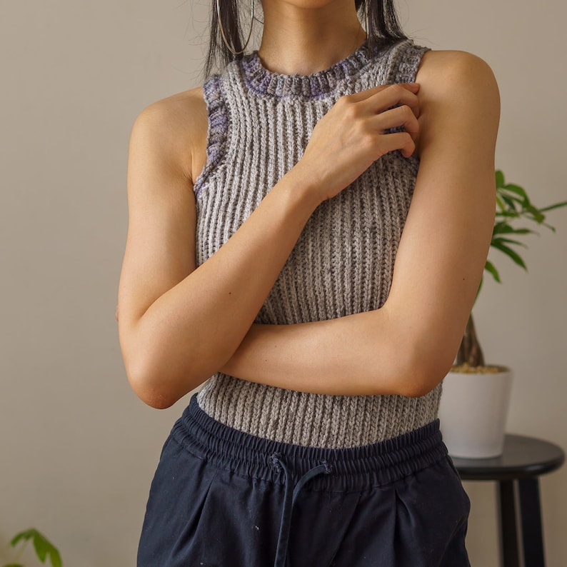 TCDDIY crochet pattern for an Easy Crochet Tank Top featuring all-slip stitches for a stretchy knit-like design. Crafted using Red Heart Super Saver yarn in Soapstone and Dove.