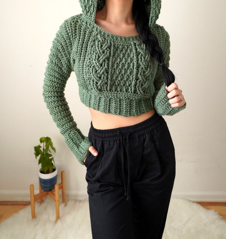 Crochet Pattern Cable Stitch Cropped Hoodie Pattern PDF Download image 2