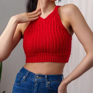 POL V-Neck Crochet Tank with Diamond Weave Knit Patterns main image 0