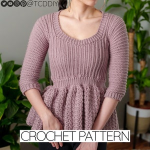 Crochet Pattern | Scoop Neck Peplum Top | 3/4 Sleeve | Sedge Stitch | PDF Download