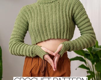 Crochet Pattern | Easy Cropped Turtleneck Sweater | Open Hem | Thumbhole Cuffs | PDF Download