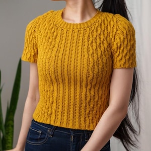 TCDDIY crochet pattern for a modern short sleeve crew neck t-shirt with almond stitch detail, crafted using Lion Brand Pound of Love yarn in Maize.
