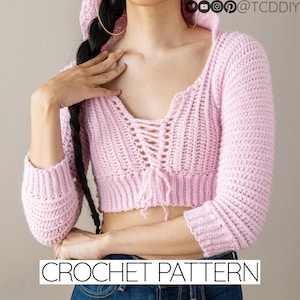 Haakpatroon | Geribbelde cropped sweaterhoodie met lange mouwen en korset voorpand | Crop top met capuchon | Pdf-download