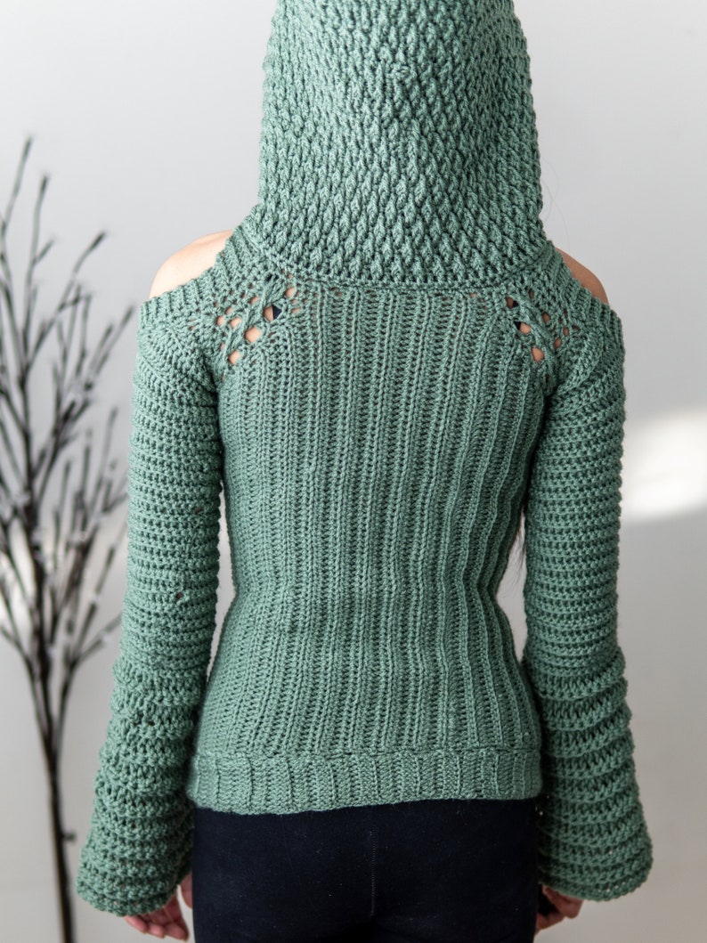 Crochet Cable Stitch Cold Shoulder Bell Sleeve Hoodie PDF 5  