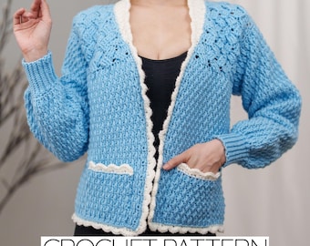 Crochet Cardigan Pattern: Scallop Edge, Basketweave Stitch (PDF Download)