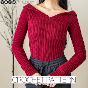 May include: A crochet pattern for a red off-the-shoulder sweater with long sleeves. The pattern is available on the website @TCDDIY.