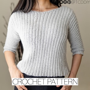 Crochet Pattern | EASY Modern Cropped Sweater | Ribbed Open Hem 3/4 Sleeve Jumper Top | PDF Download