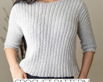 May include: A gray crochet sweater with a boat neck and three-quarter sleeves. CROCHET PATTERN is written in black text at the bottom of the image.