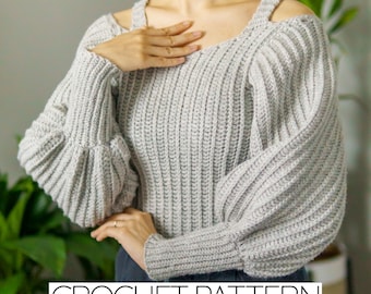 Crochet Pattern | Ribbed Balloon Sleeve Sweater with Straps & Long Cuffs | Jumper | PDF Download