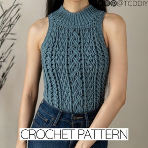 Crochet Cable Stitch Sweater Vest Pattern: Sleeveless Mock Neck Top (PDF Download)