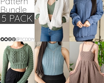 Crochet Pattern Bundle | Sleeveless Turtleneck | Bomber Jacket | Cable Stitch Hoodie | Basketweave Dress | Oversized Sweater | PDF Download