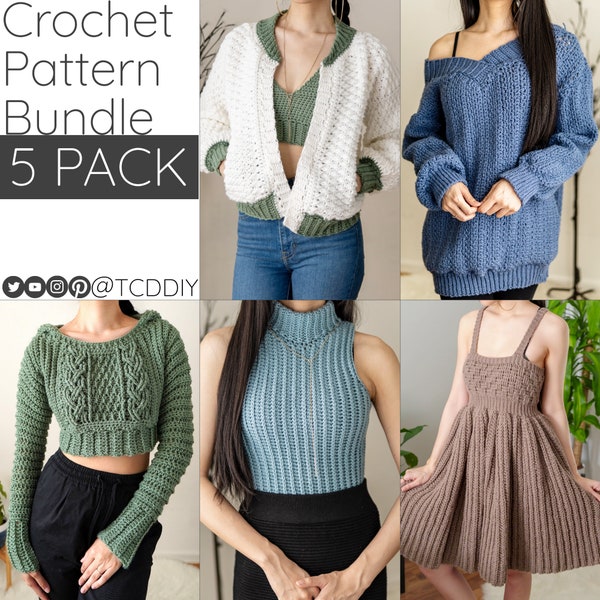 Crochet Pattern Bundle | Sleeveless Turtleneck | Bomber Jacket | Cable Stitch Hoodie | Basketweave Dress | Oversized Sweater | PDF Download