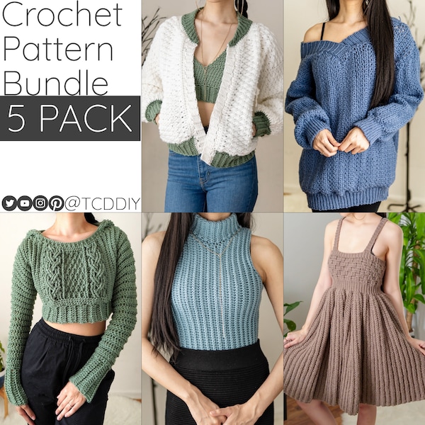 Paquete de patrones de crochet / Jersey de cuello alto sin mangas / Chaqueta bomber / Sudadera con capucha de punto trenzado / Vestido de tejido de canasta / Suéter extragrande / Descarga en PDF