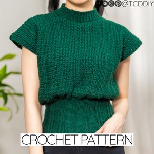 Crochet Pattern | Modern Mock Neck Sweater Vest W. Moss Stitch Detail | Turtleneck Cap Sleeve Top | PDF Download