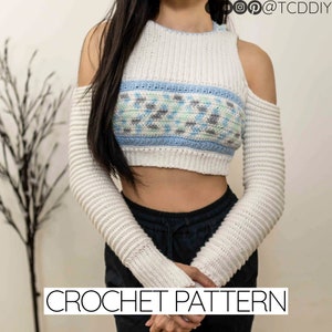 TCDDIY crochet pattern for a cold shoulder cropped hoodie with herringbone hood and thumbholes, crafted using Baby Bernat Sport yarn in White, Cool Blue, and Baby Blue.