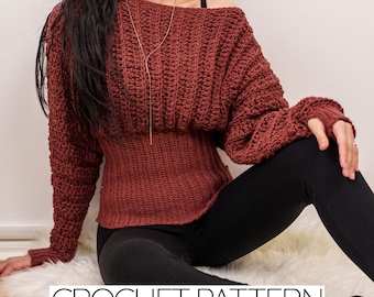 Crochet Pattern | Off the Shoulder Batwing Sweater W. Thumbhole Cuffs | PDF Download