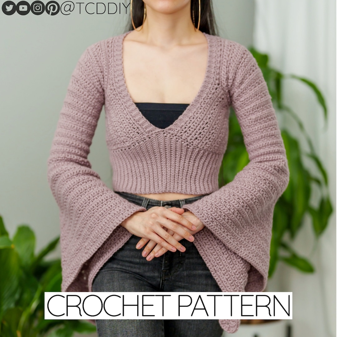 Haakpatroon Cropped top met V-hals en klokmouwen Pdf-download