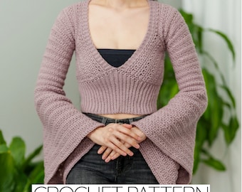 Crochet Pattern Cropped Bell Sleeve V-neck Top PDF Download