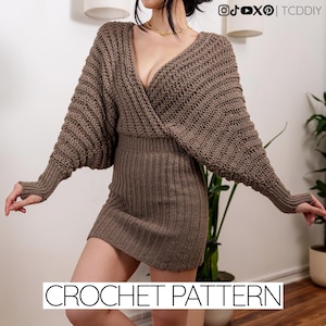 TCDDIY crochet pattern for a batwing wrap sweater dress with ribbed cuffs and fitted skirt, crafted with Lion Brand Pound of Love in Taupe.