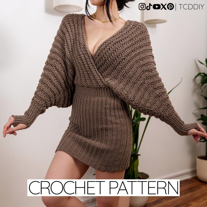 TCDDIY crochet pattern for a batwing wrap sweater dress with ribbed cuffs and fitted skirt, crafted with Lion Brand Pound of Love in Taupe.