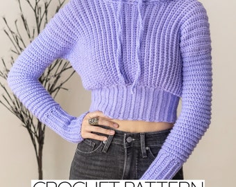 Crochet Pattern | Cropped Pullover Hoodie | Long Sleeve Crop Top Hooded Jumper | PDF Download