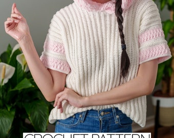 Crochet Hoodie T-Shirt Pattern: Alpine Stitch, Short Sleeve Jumper (PDF Download)