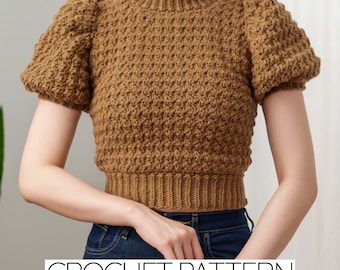 Patrón de top corto de crochet con mangas abullonadas y suéter de cuello alto (descarga en PDF)
