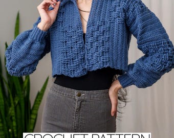 Crochet Pattern | Cropped Collared Basketweave Cardigan Sweater Jacket | PDF Download