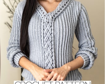 Crochet Pattern | Cable Stitch V Neck Sweater W. Cable Collar Detail | PDF Download