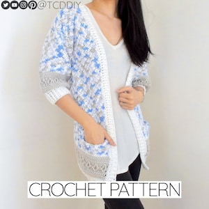 Crochet Pattern | Cardigan Sweater Jacket W. Pockets & Diamond Stitch Detail | 3/4 Sleeves | PDF Download