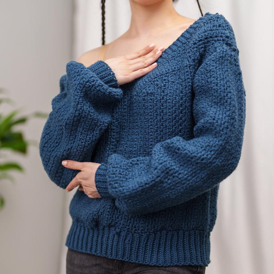 HZSONNE Women's V-Neck Crochet Pullover Sweater - Loose Fit Hollow Out Slouchy Knit Top, Blue, Small - View #3