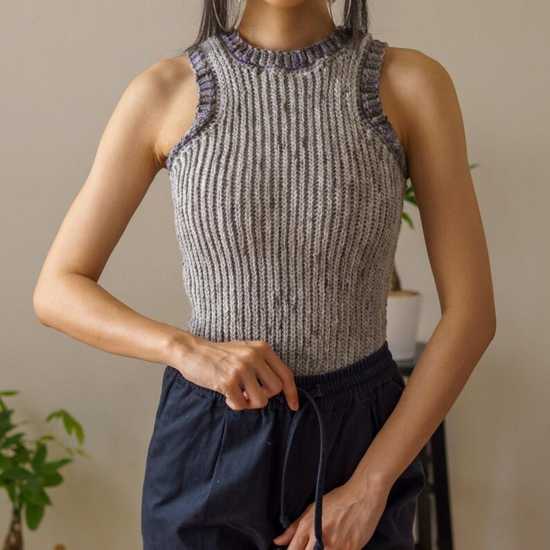 TCDDIY crochet pattern for an Easy Crochet Tank Top featuring all-slip stitches for a stretchy knit-like design. Crafted using Red Heart Super Saver yarn in Soapstone and Dove.
