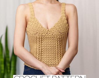 Patron au crochet | Débardeur côtelé à mailles torsadées avec surpiqûres Suzette | Téléchargement PDF