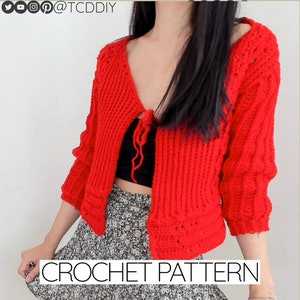 Crochet Pattern | Cropped Cardigan Sweater W. Diamond Stitch & Heart Details | 3/4 Sleeves | PDF Download