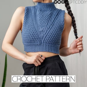 Crochet Pattern | Cropped Turtleneck Sweater Vest W. Alpine Stitch Detail | Sleeveless Crop Top | PDF Download