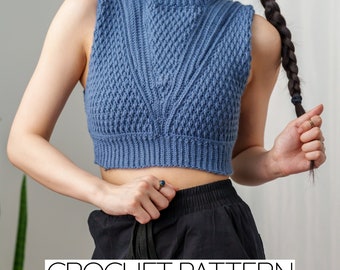 Patrón de top corto de crochet: chaleco de cuello alto sin mangas, punto alpino (descarga en PDF)
