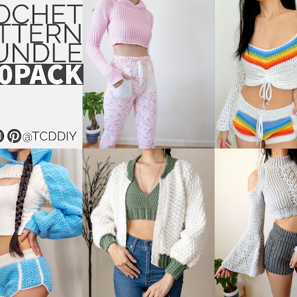 Crochet Pattern Bundle | Cable Stitch Shorts | Bell Sleeve Top | Sweats w Pockets | Hoodie | Shrug | Bralette | Bomber | PDF Download