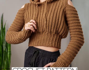 Crochet Pattern | Cold Shoulder Cropped Hoodie W. Thumbhole Cuffs | Sweater | Jumper | PDF Download