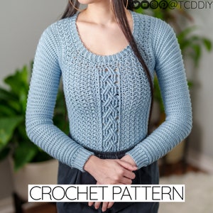 Crochet Pattern | Cable Stitch Scoop Neck Sweater | Long Sleeve Jumper Top | PDF Download