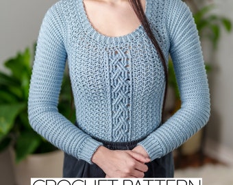 Crochet Pattern Cable Stitch Scoop Neck Sweater Long Sleeve