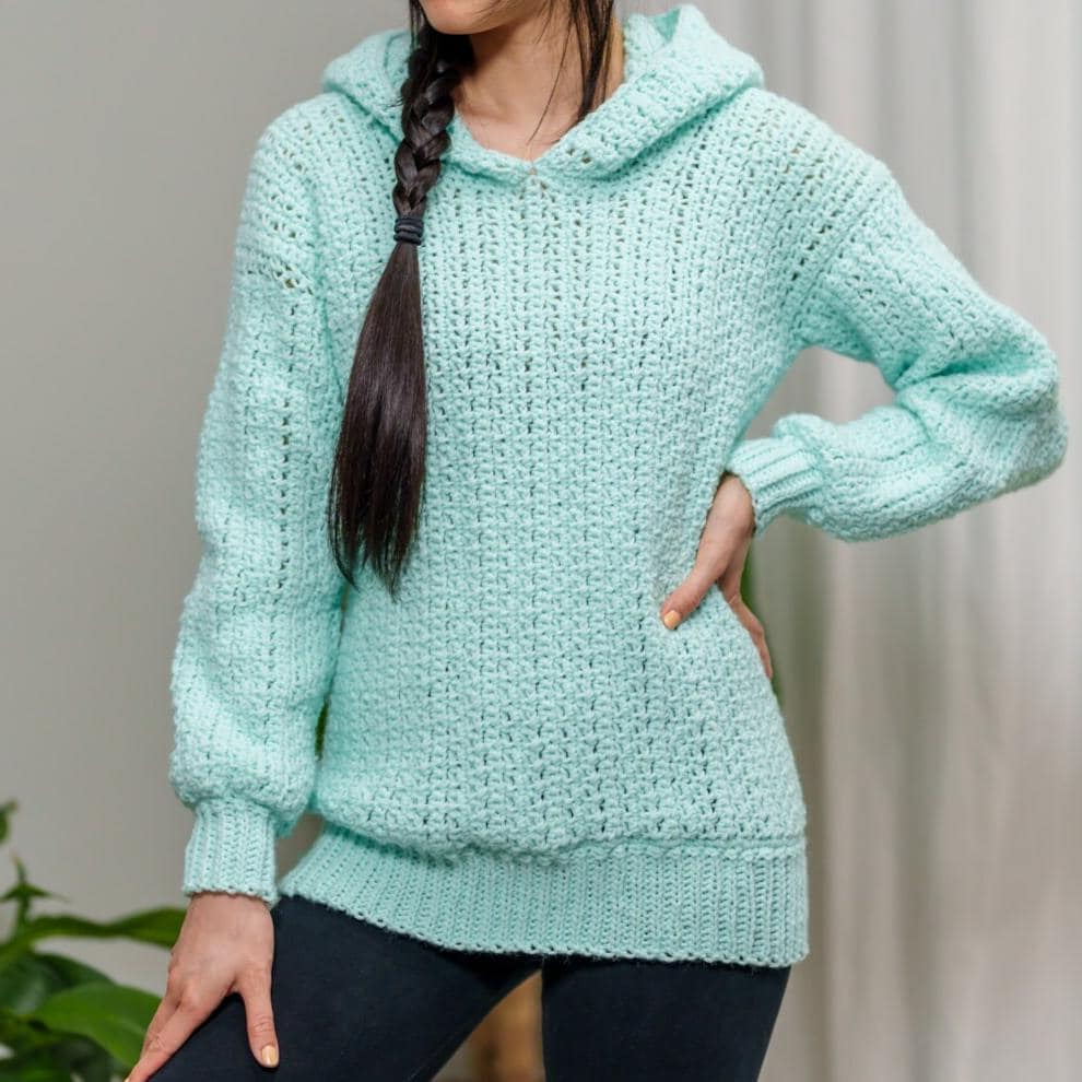 Crochet Pattern Cozy Hooded Sweater Moss Stitch Jumper