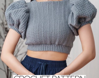 Patrón de crochet / Top corto con mangas abullonadas y detalle de punto Suzette / Descarga PDF