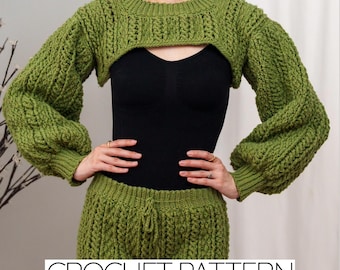 Crochet Pattern | Cable Stitch Balloon Sleeve Shrug | Crewneck Arm Warmers | PDF Download