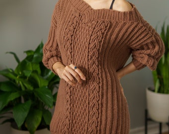 Crochet Cable Knit Crochet Sweater Dress Pattern Crochet Pattern - Main Image