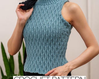 Patrón de crochet / Jersey de cuello alto sin mangas en punto almendra / Descargar PDF