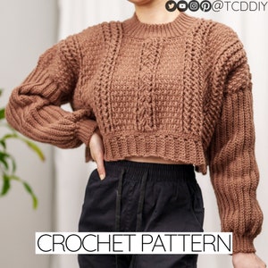 Crochet Pattern | Oversized Cropped Cable Stitch Sweater W. Alpine Detail | Open Hem Crop Top Jumper | PDF Download