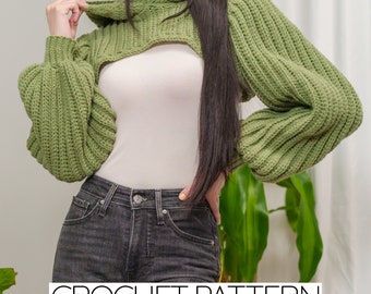 Crochet Pattern | Cowl Neck Balloon Sleeve Hooded Shrug | Turtleneck Hood | PDF Download