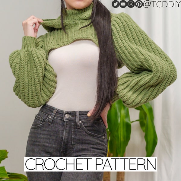 Crochet Pattern | Cowl Neck Balloon Sleeve Hooded Shrug | Turtleneck Hood | PDF Download
