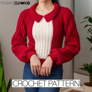 May include: A red and white crochet sweater with a collared neckline and long, puffed sleeves. The sweater features a vertical white panel down the center. The text "CROCHET PATTERN" is displayed at the bottom of the image.
